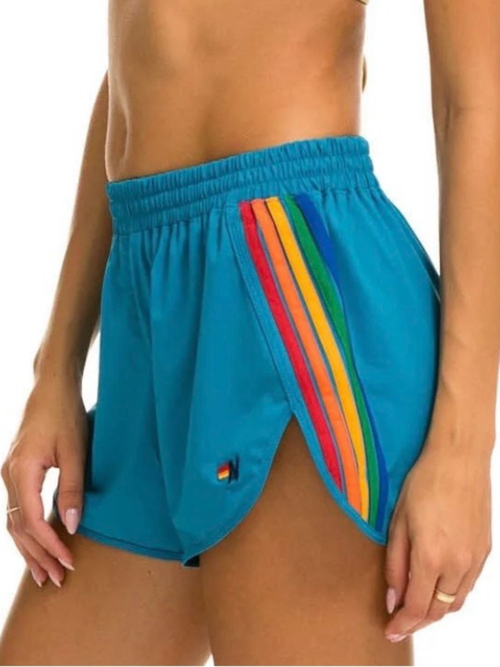 Aviator Nation
 Vintage Blue Nylon Swim Shorts with Rainbow Stripe